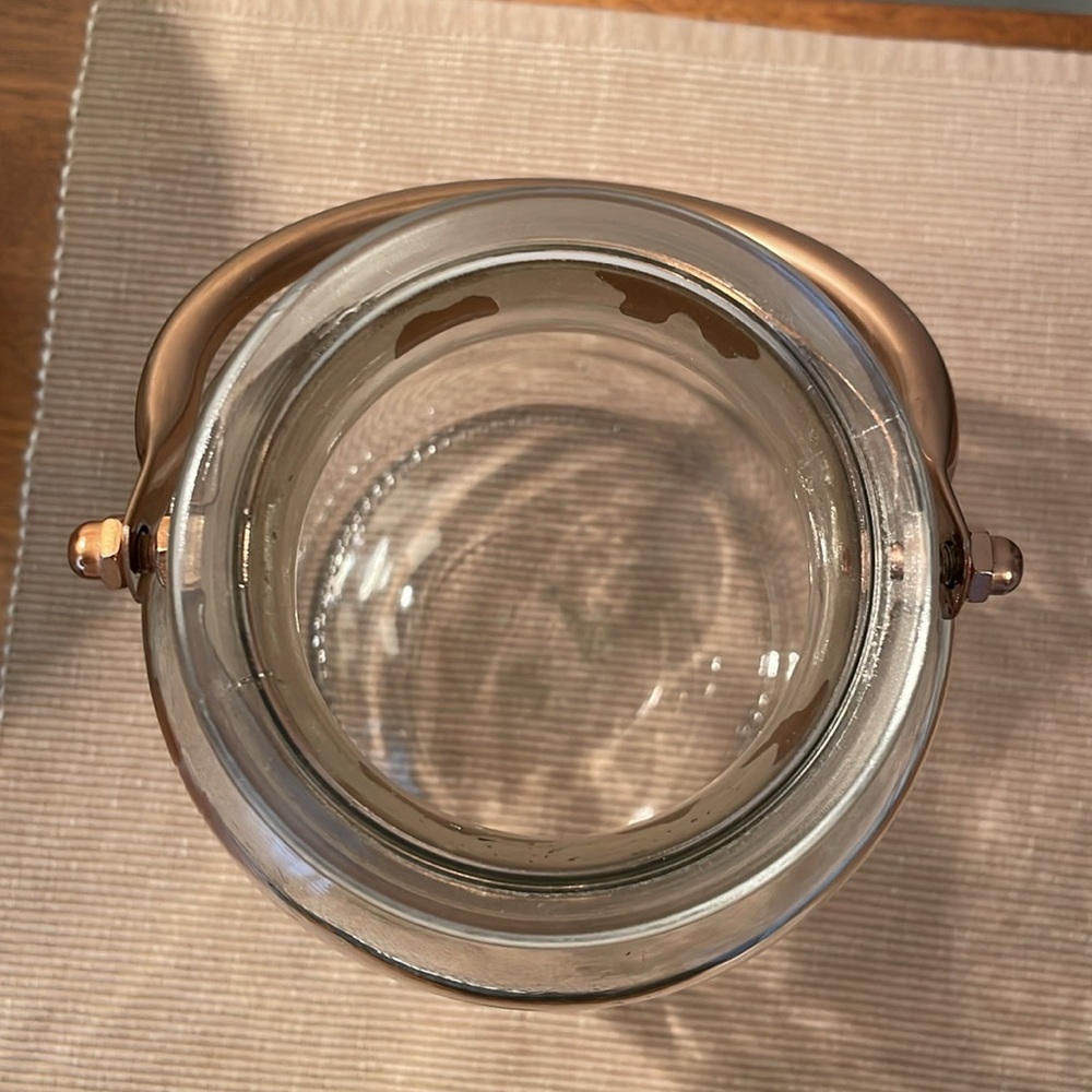 Large Unique Clear Glass Vase or Lantern with Rose Gold Copper Like Handle - Picture 3 of 12